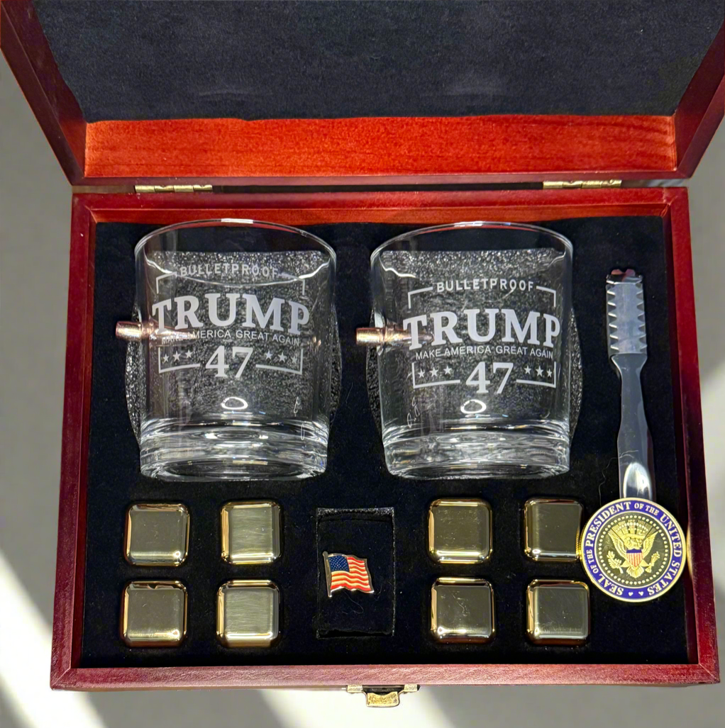 Limited Edition Bullet Embedded Whiskey Glass Set with Presidential, Limited Edition Bullet Embedded Whiskey Glass Set with Presidential Touch - Bullet Whiskey Glass, Trump, Trump glassware, Bullet Glass, Trump bulletproof glass, Benshot, Trump whiskey - dooob