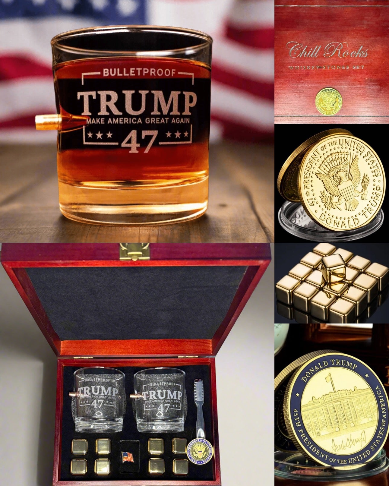Whiskey Glass Set, Trump bullet glass, trump whiskey, trump glasses, Bullet Embedded Whiskey Glass Set with Presidential Touch