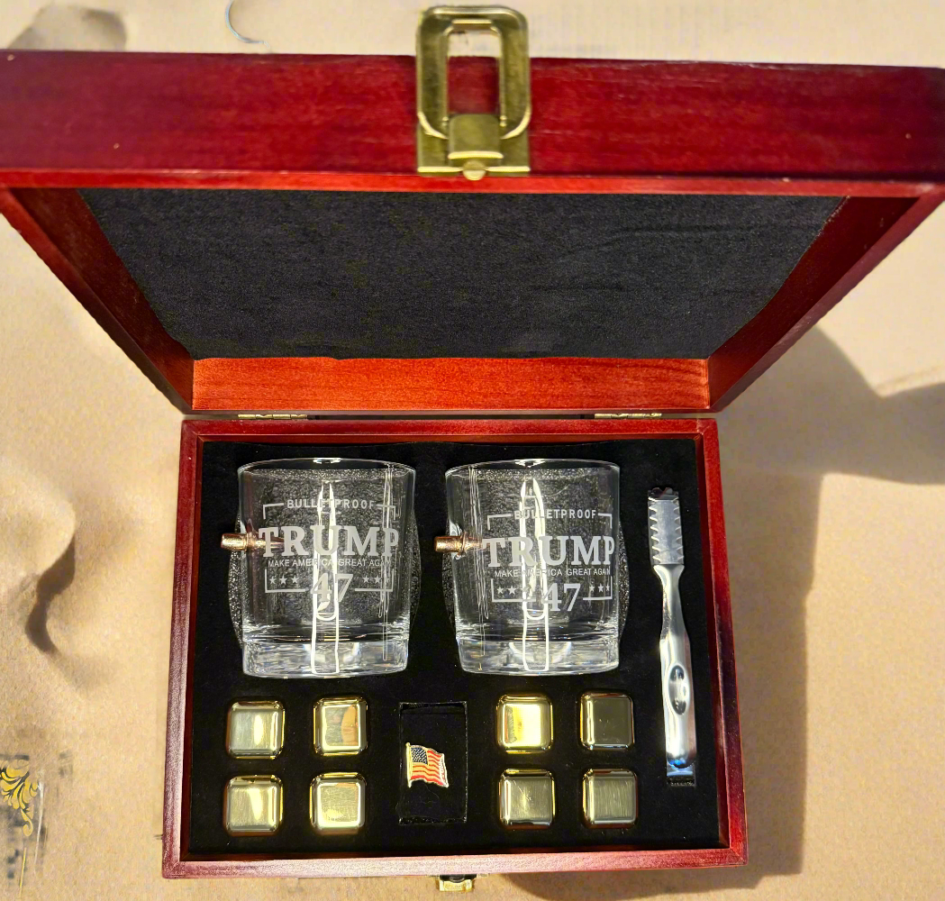Whiskey Glass Set. Limited Edition Bullet Embedded Whiskey Glass Set with Presidential Limited Edition Bullet Embedded Whiskey Glass Set with Presidential Touch - Bullet Whiskey Glass, Trump, Trump glassware, Bullet Glass, Trump bulletproof glass, Benshot, Trump whiskey Glass